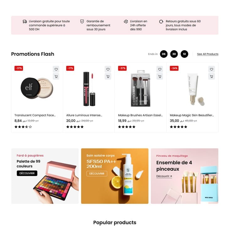 Section promotions flash et produits de maquillage sur le site LuxButy