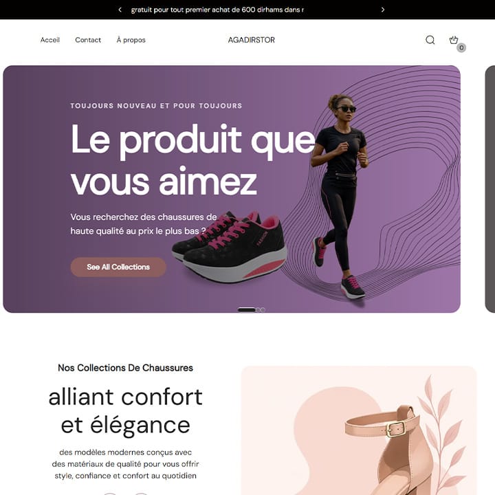 Page d'accueil du site e-commerce AgadirStor, boutique de chaussures