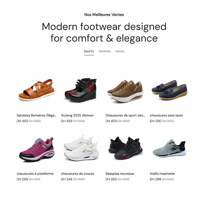 Grille de produits chaussures sur le site e-commerce AgadirStor