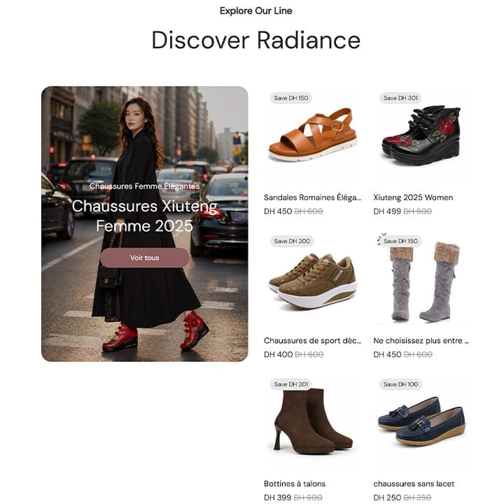 Section vitrine chaussures femme du site e-commerce AgadirStor