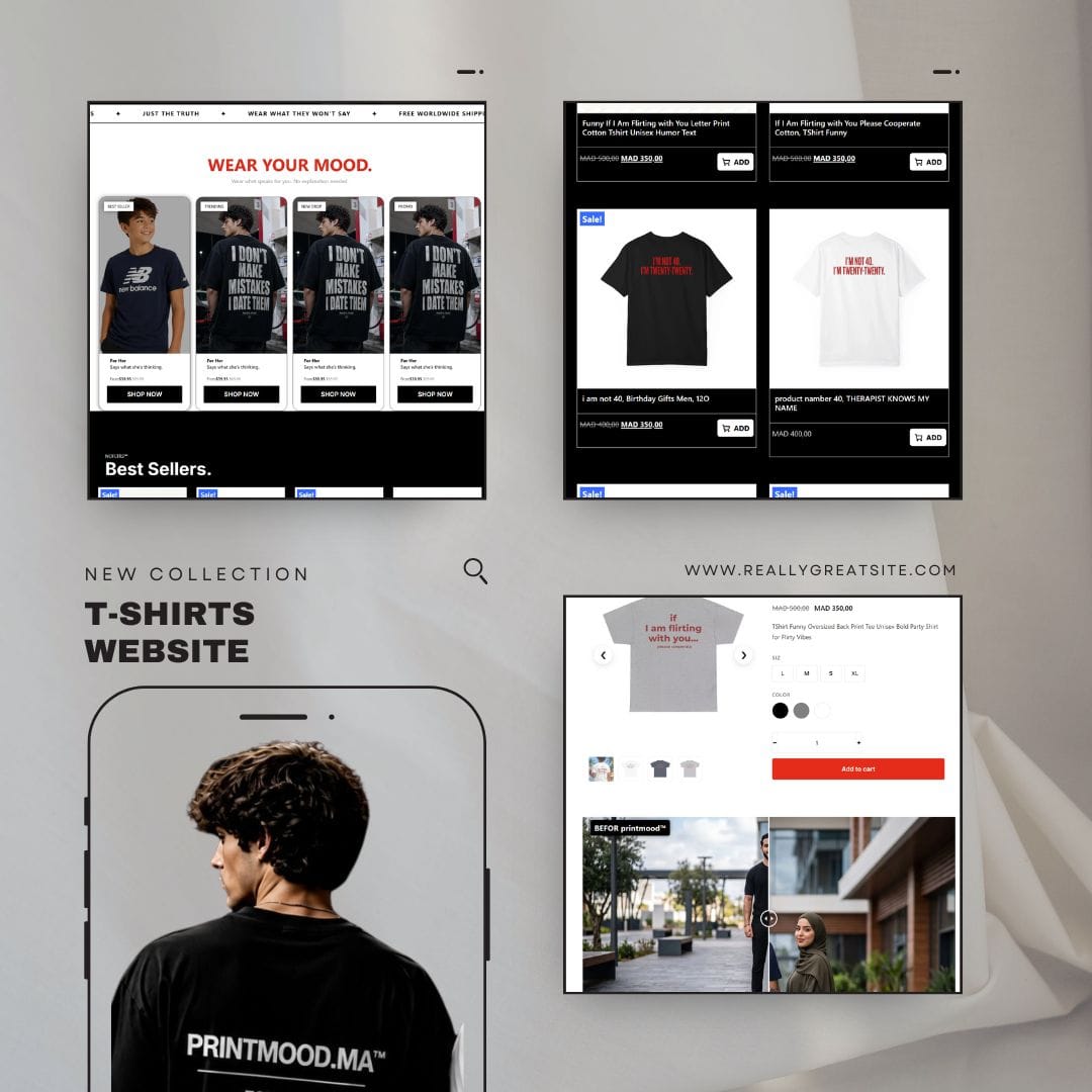 Aperçu mobile des pages produit du site e-commerce de t-shirts Printmood