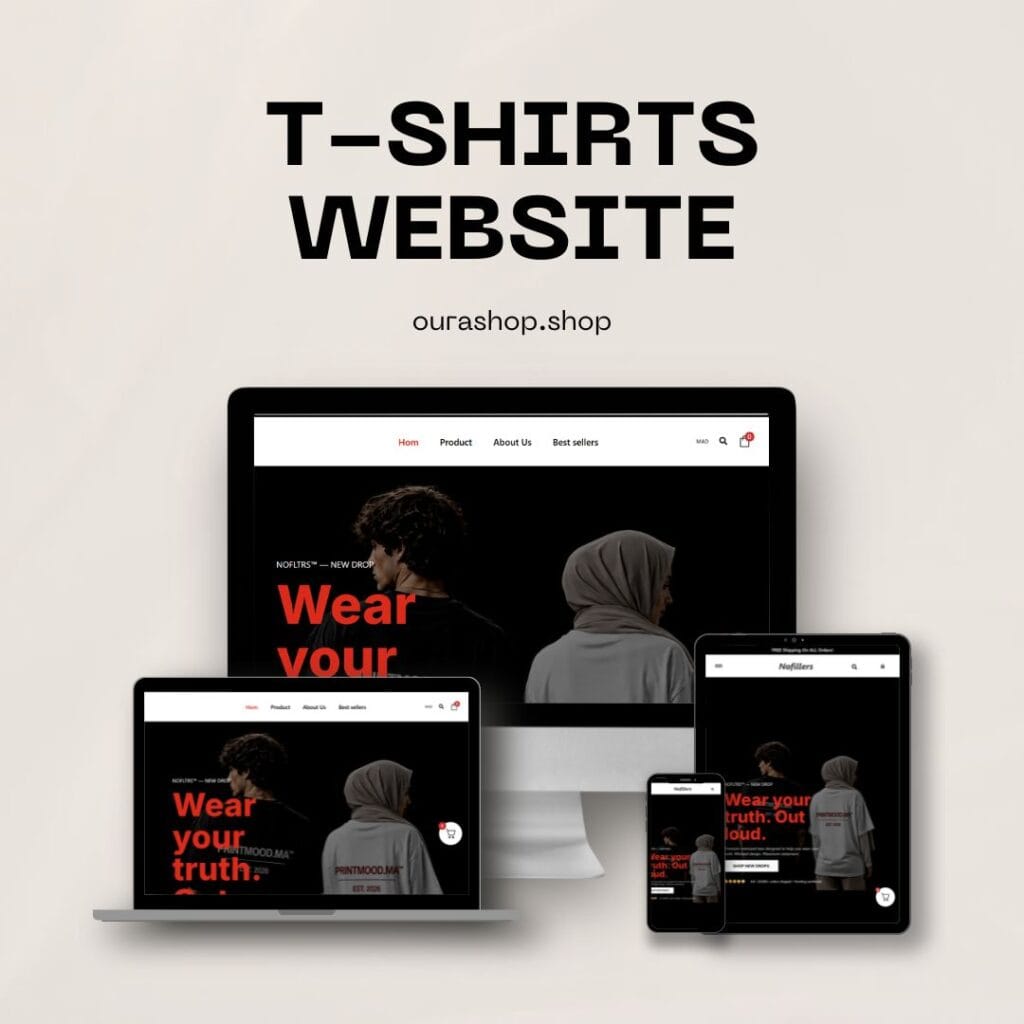 Maquette responsive du site e-commerce de t-shirts Printmood sur ordinateur, tablette et mobile
