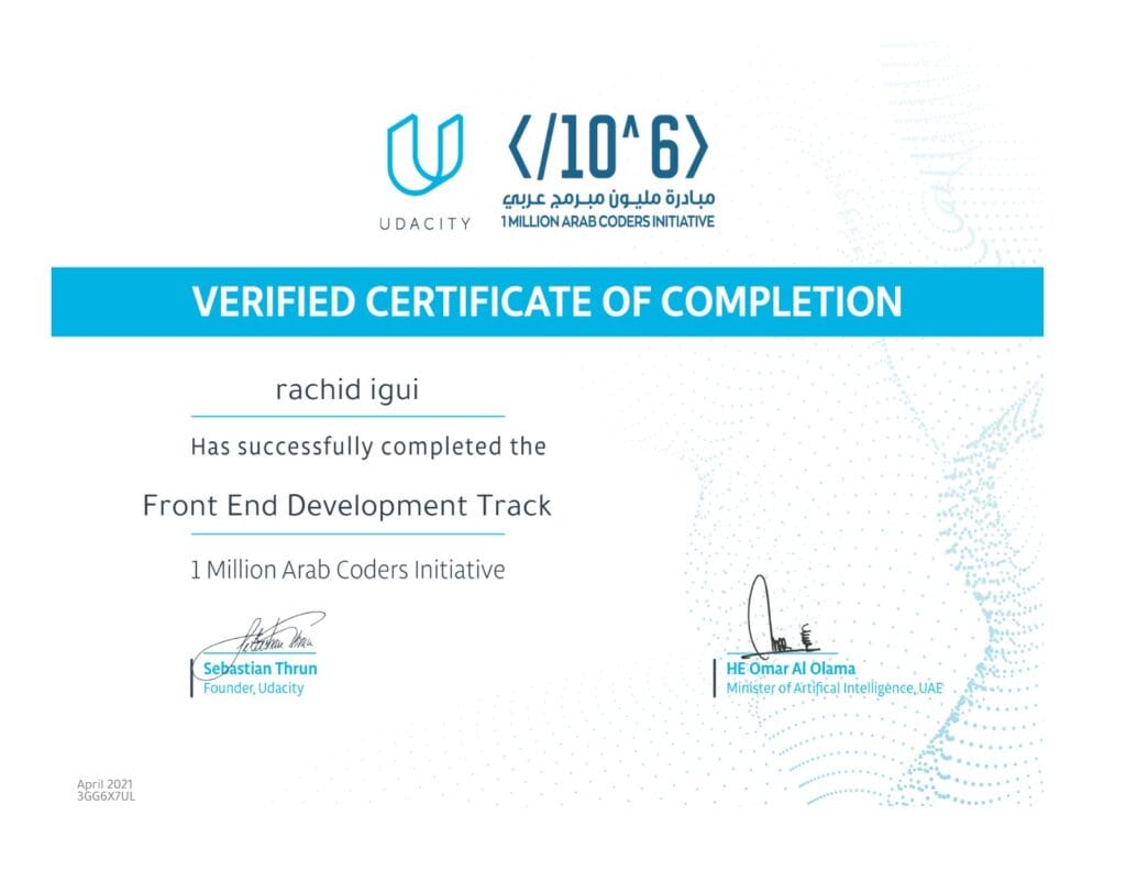 Certificat de réussite Udacity : Front End Development Track, 1 Million Arab Coders Initiative, avril 2021